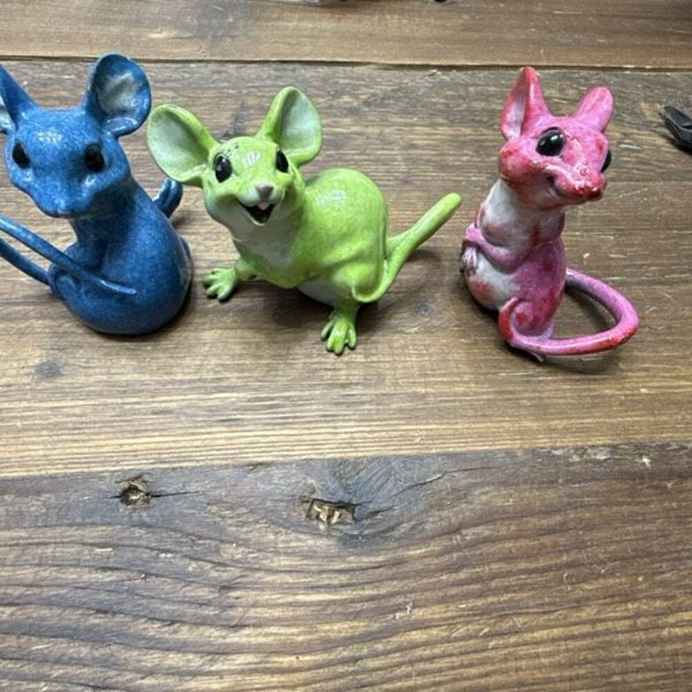 The Lot of 3 Kitty's Critters Cute Teensy Green Mouse Figurine in pink, green, a